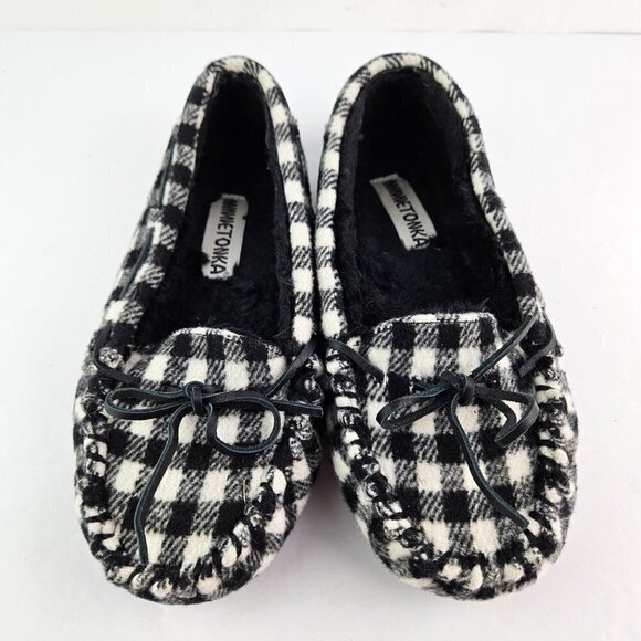 Minnetonka Petra Trapper Black/White Buffalo Plaid Moccasin Loafer Flat 8 44246 - Picture 3 of 10